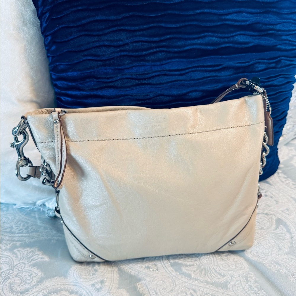 Coach Beige Leather Shoulder Bag with Silver Hardware